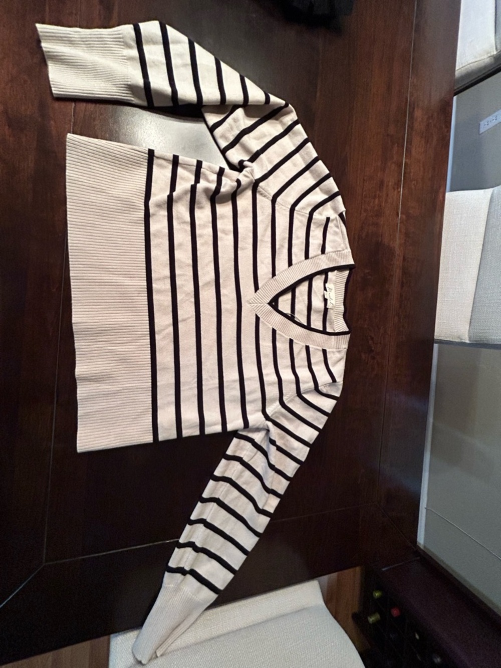 Marled Cream and Black Striped V-Neck Sweater